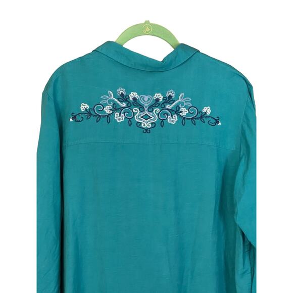 Susan Graver Linen Rayon Long Sleeve Shirt Embroidered & Beaded Teal Green XL - Picture 7 of 10